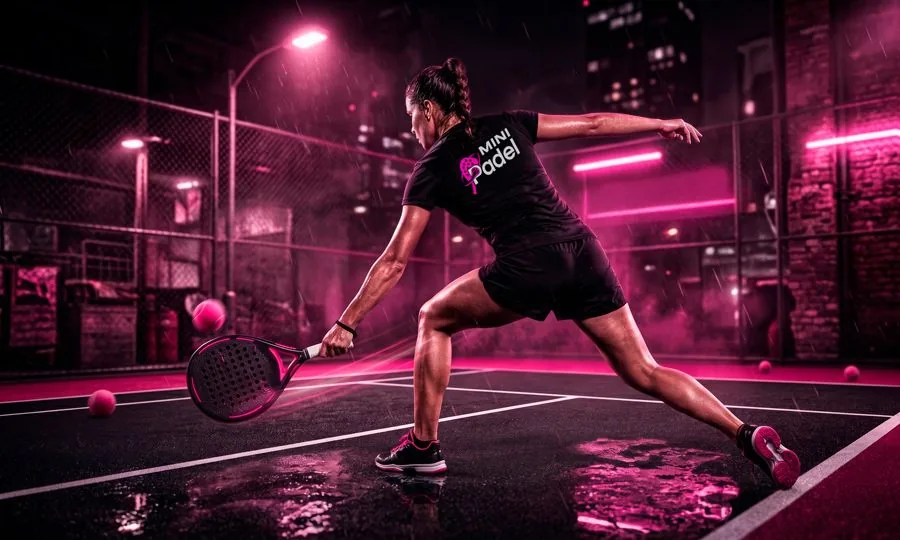 Jugadora de MiniPadel en acción nocturna